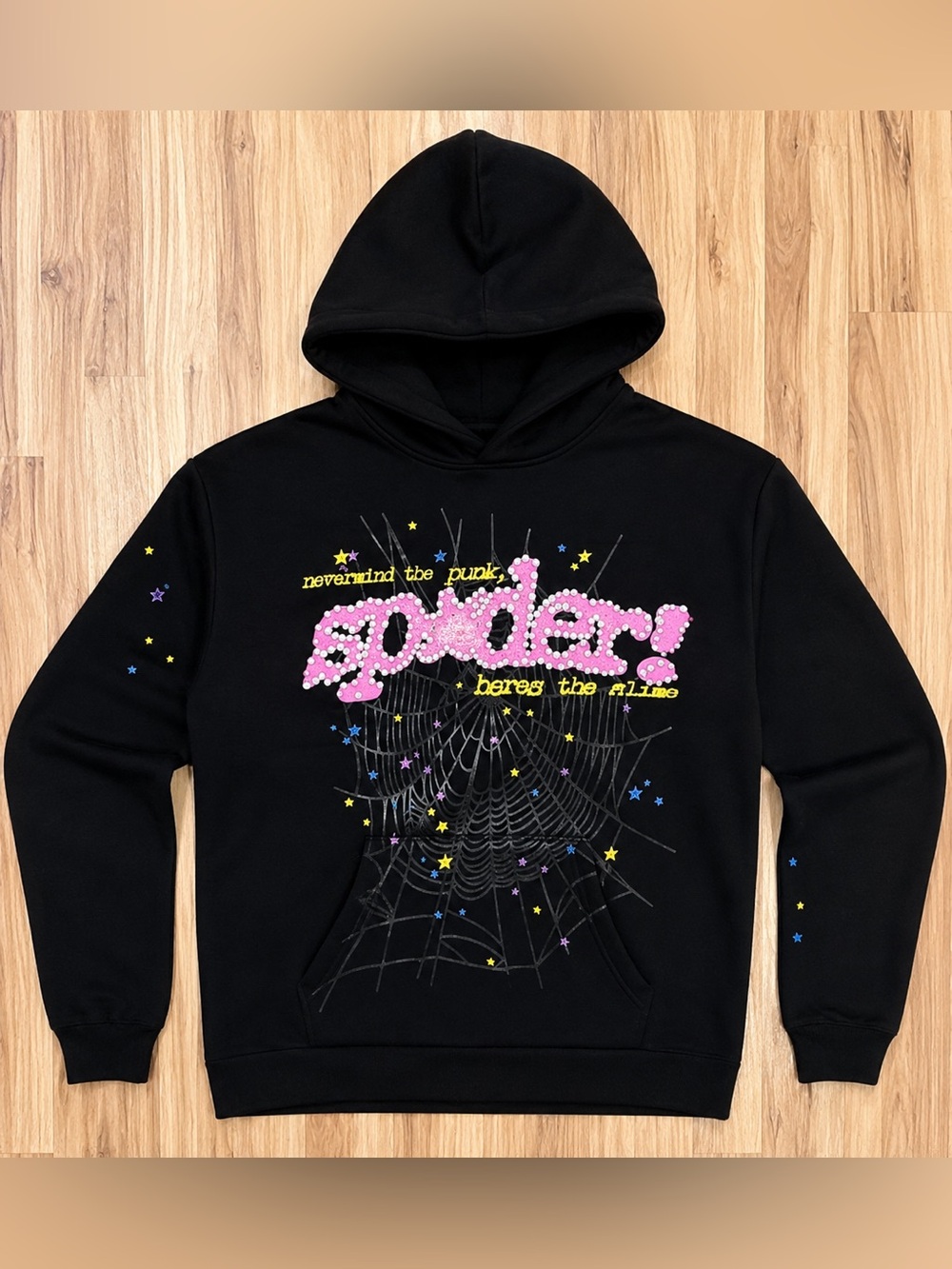 SP5DER Spider Web Hoodie 🕷️ NEW | Size L | Black & Pink Authentic